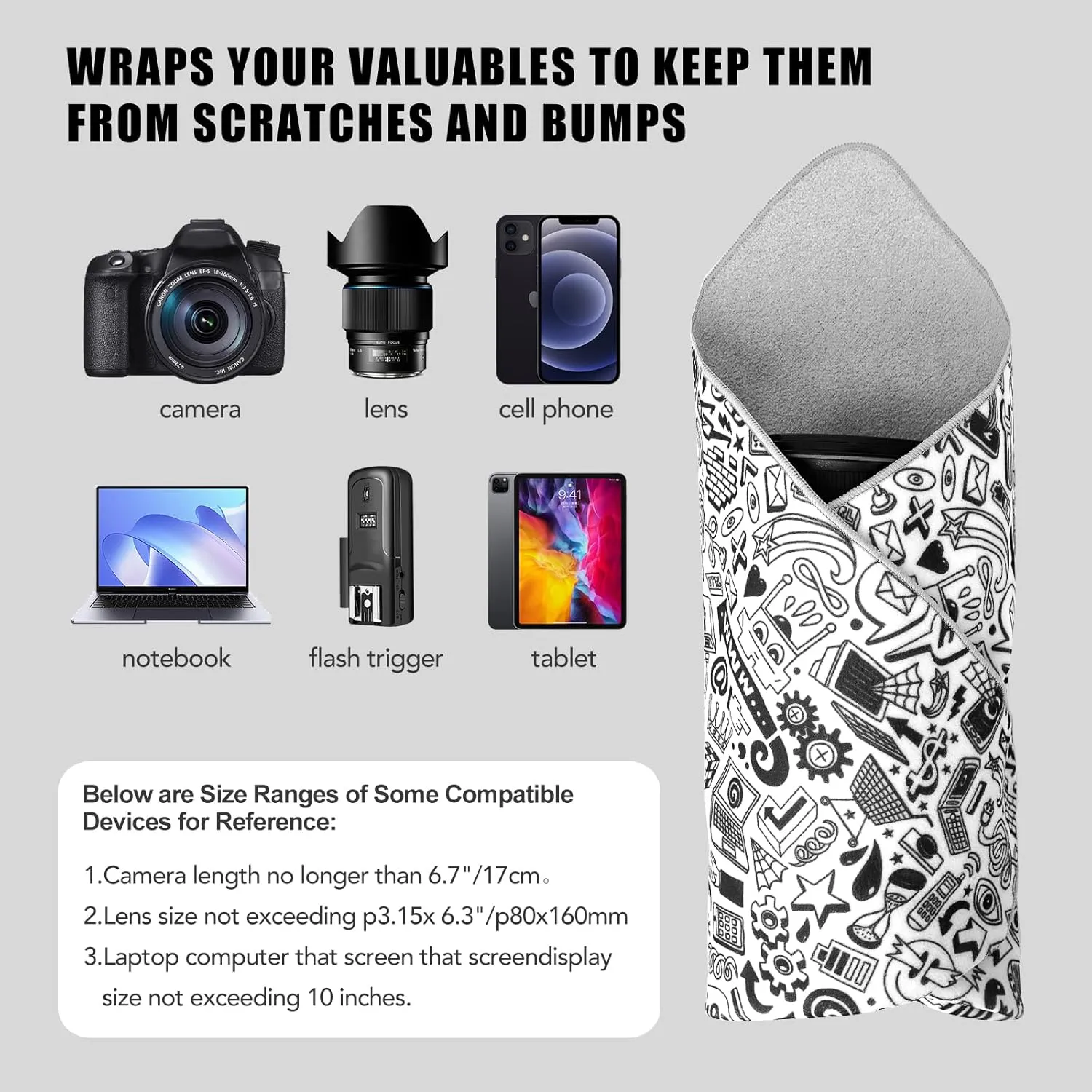 15 in Camera Wrap with Pouch,Lens Protective Wrap,Anti-scratch Anti-dust, Flexible Wrapper Camera Travel Accessories for DSLR Mirrorless Camera Lens(Graffiti), 11.8, Black-White