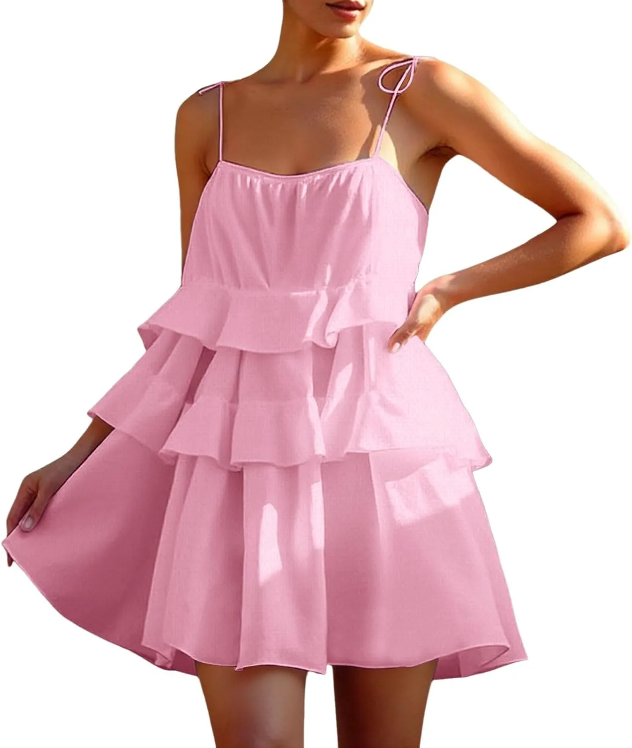 2025 Women's Summer Solid Color Layer Ruffled Cake Skirt Short Backless Camisole Dress Casual Wraps for Women