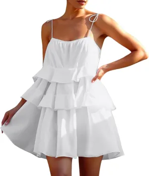 2025 Women's Summer Solid Color Layer Ruffled Cake Skirt Short Backless Camisole Dress Casual Wraps for Women