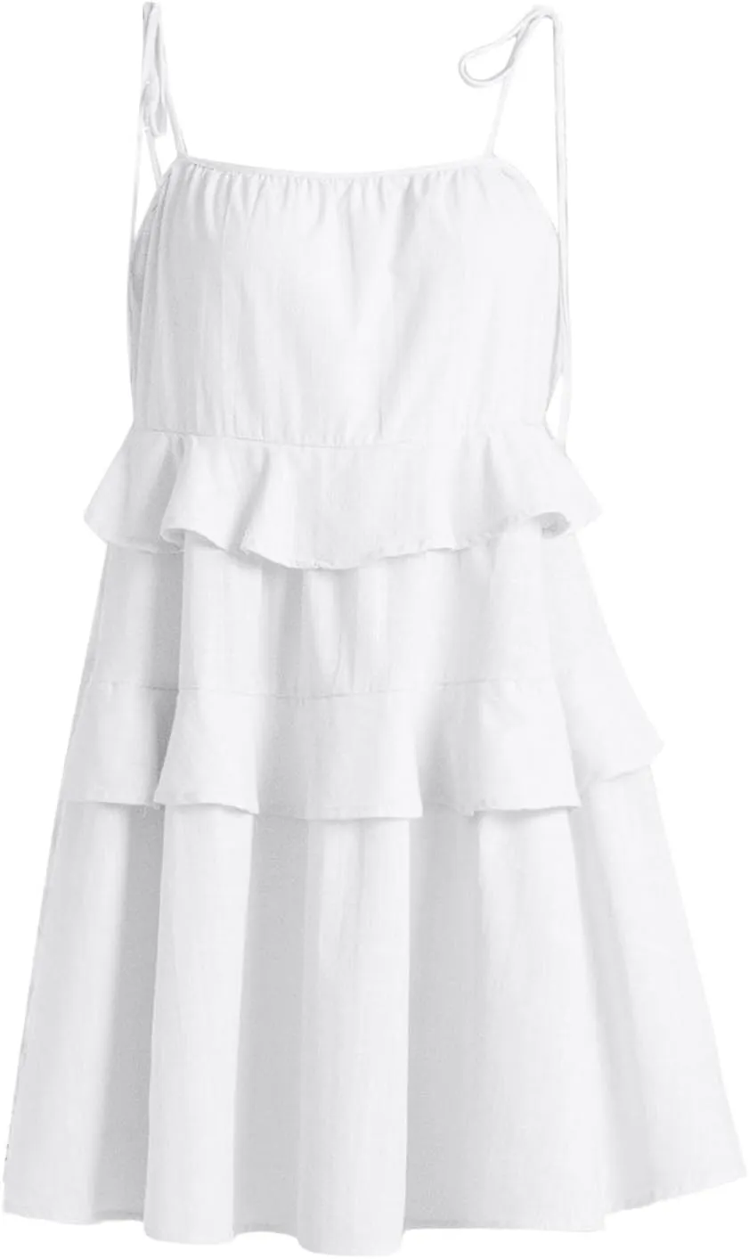 2025 Women's Summer Solid Color Layer Ruffled Cake Skirt Short Backless Camisole Dress Casual Wraps for Women