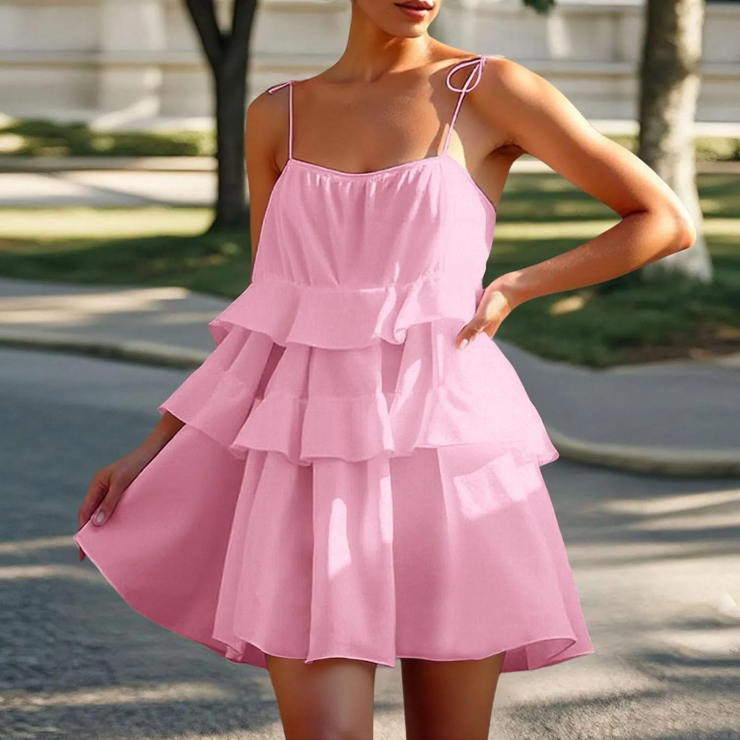2025 Women's Summer Solid Color Layer Ruffled Cake Skirt Short Backless Camisole Dress Casual Wraps for Women