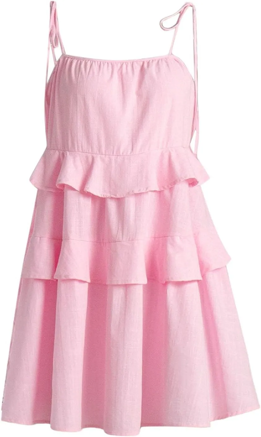 2025 Women's Summer Solid Color Layer Ruffled Cake Skirt Short Backless Camisole Dress Casual Wraps for Women