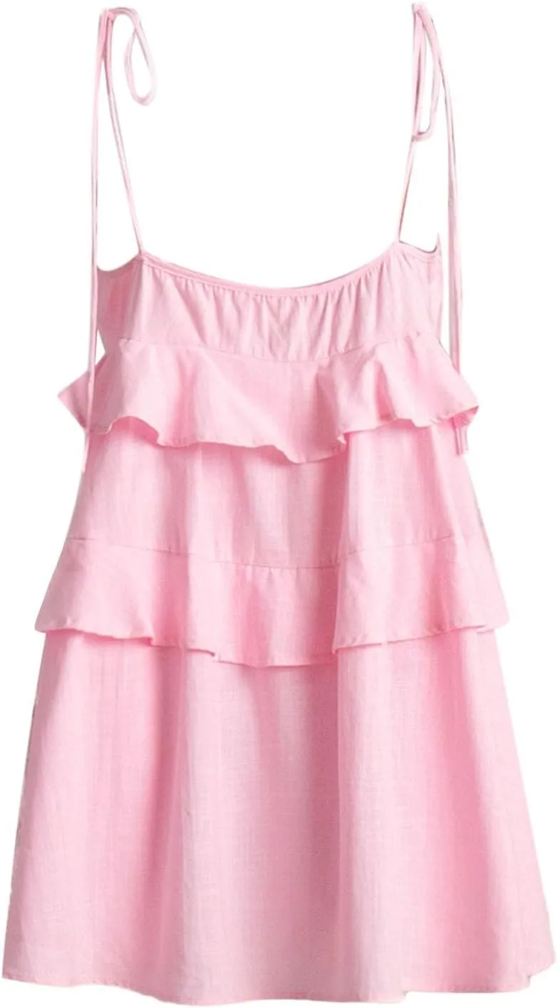 2025 Women's Summer Solid Color Layer Ruffled Cake Skirt Short Backless Camisole Dress Casual Wraps for Women