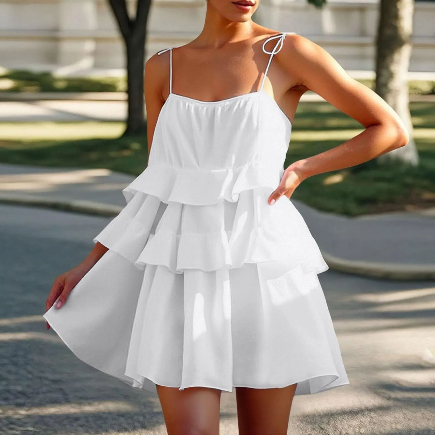 2025 Women's Summer Solid Color Layer Ruffled Cake Skirt Short Backless Camisole Dress Casual Wraps for Women