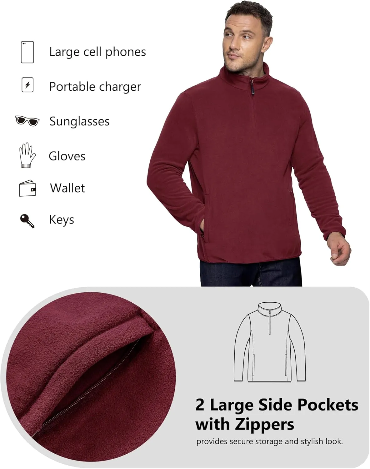 33,000ft Men's Quarter-Zip Polar Fleece Jacket, Long Sleeve Half Zip Fleece Pullover Sweaters Thermal Golf Sweatshirt