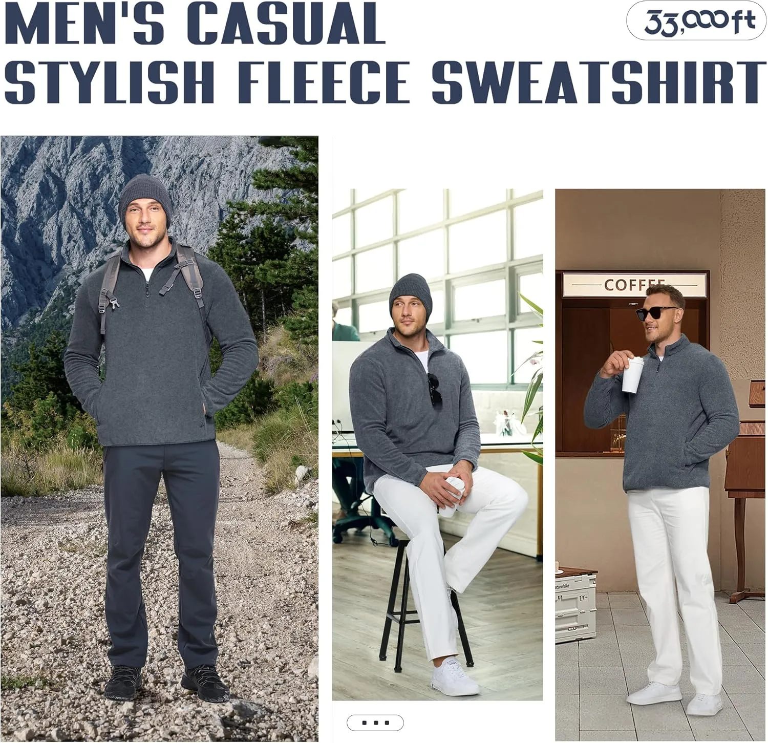33,000ft Men's Quarter-Zip Polar Fleece Jacket, Long Sleeve Half Zip Fleece Pullover Sweaters Thermal Golf Sweatshirt