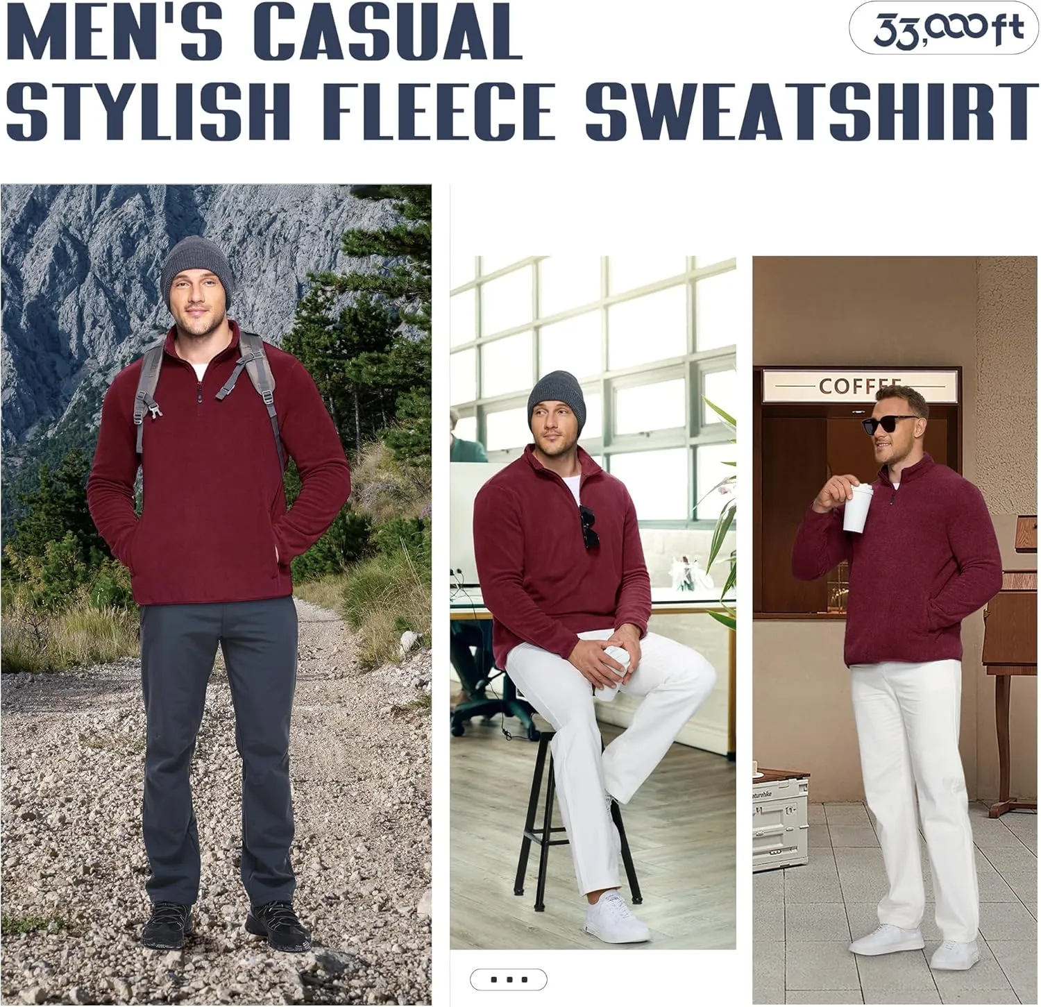 33,000ft Men's Quarter-Zip Polar Fleece Jacket, Long Sleeve Half Zip Fleece Pullover Sweaters Thermal Golf Sweatshirt