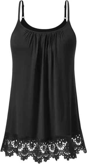 Air Curvey Flowy Camisole for Women Build in Bra Summer Outfit Pleated Lace Trim Cami Adjustable Strap Tank Top 2025
