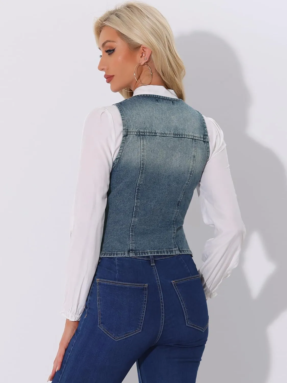 Allegra K Denim Vest for Women's Sleeveless V Neck Washed Distressed Jean Jacket