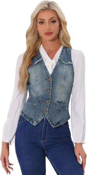 Allegra K Denim Vest for Women's Sleeveless V Neck Washed Distressed Jean Jacket