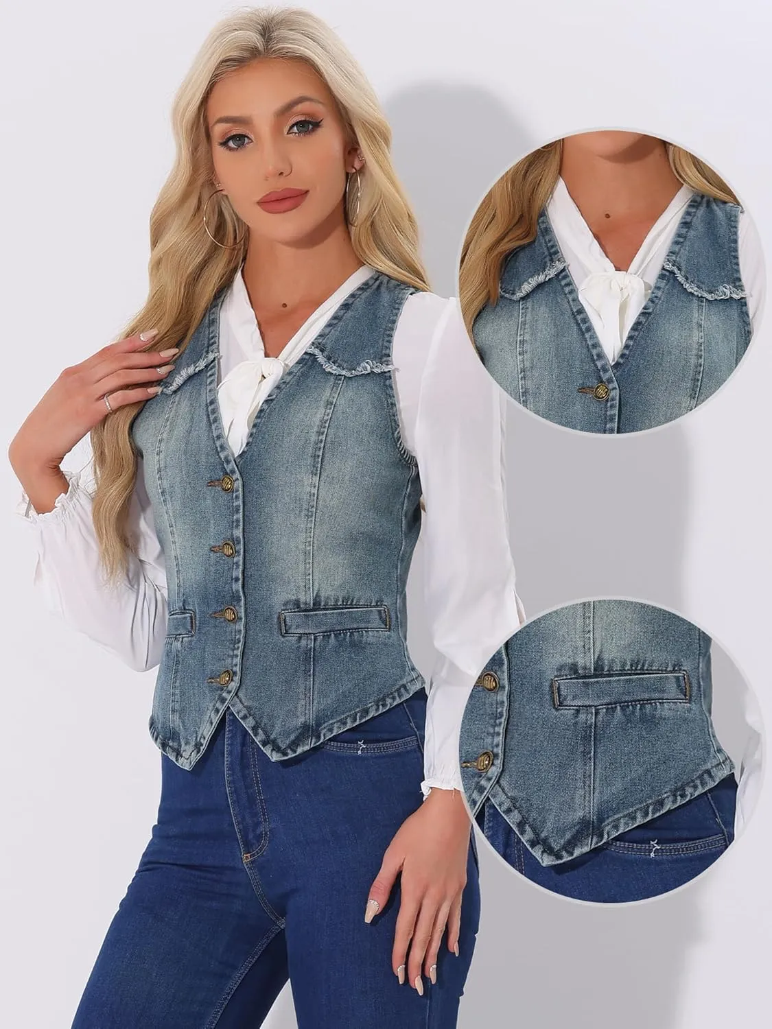 Allegra K Denim Vest for Women's Sleeveless V Neck Washed Distressed Jean Jacket