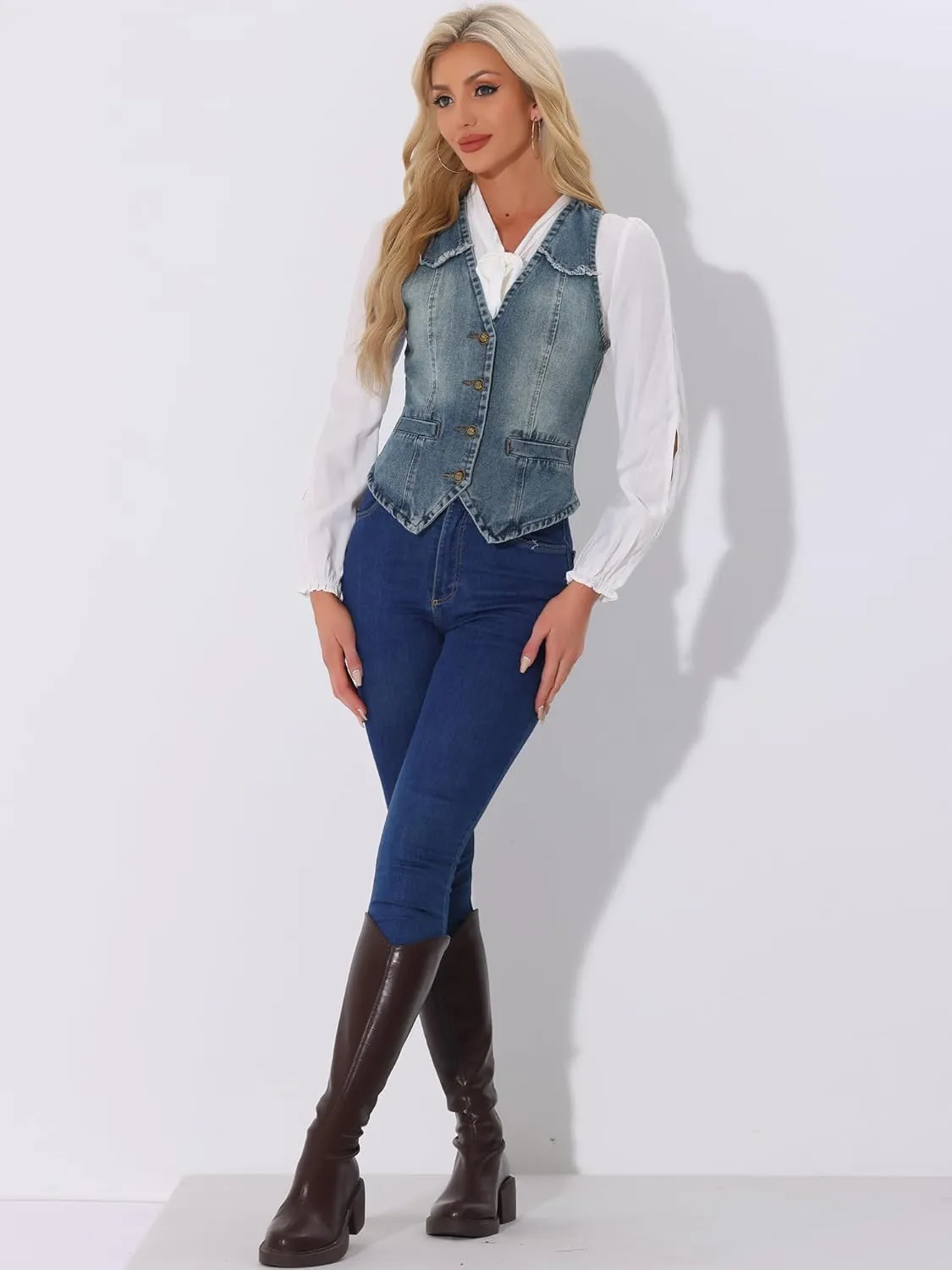 Allegra K Denim Vest for Women's Sleeveless V Neck Washed Distressed Jean Jacket