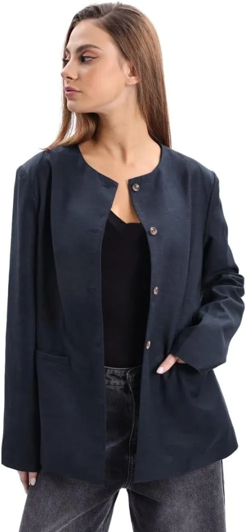 Amazhiyu Women's Linen Blend Round Neck Button Up Blazers Long Sleeve Coat Office