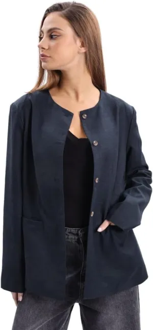Amazhiyu Women's Linen Blend Round Neck Button Up Blazers Long Sleeve Coat Office
