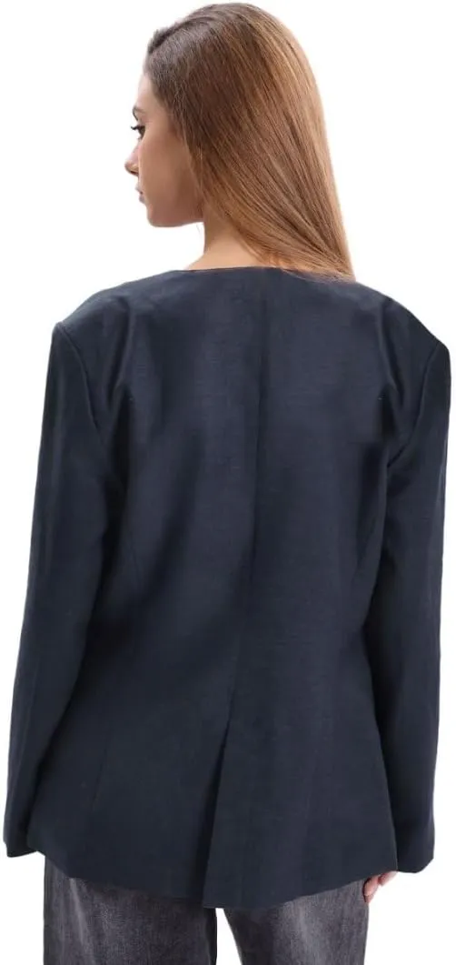 Amazhiyu Women's Linen Blend Round Neck Button Up Blazers Long Sleeve Coat Office