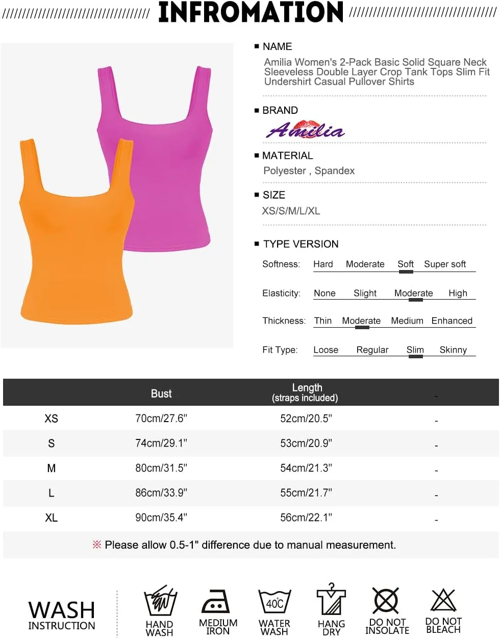 Amilia Women's 2-Pack Basic Solid Square Neck Sleeveless Double Layer Crop Tank Tops Undershirt Casual Tunic Pullover Shirts