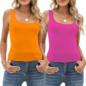 Amilia Women's 2-Pack Basic Solid Square Neck Sleeveless Double Layer Crop Tank Tops Undershirt Casual Tunic Pullover Shirts