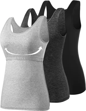 AMVELOP Tank Tops for Women Built in Bra Cotton Shelf Bra Tanks Layering Undershirts 2-3 Pack