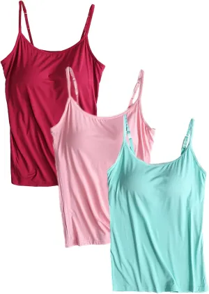 ANUFER Womens 3 Pieces Basic Camisole Adjustable Strap Vest Tank Tops with Built-in Shelf Bra Stretch Undershirts