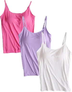ANUFER Womens 3 Pieces Basic Camisole Adjustable Strap Vest Tank Tops with Built-in Shelf Bra Stretch Undershirts