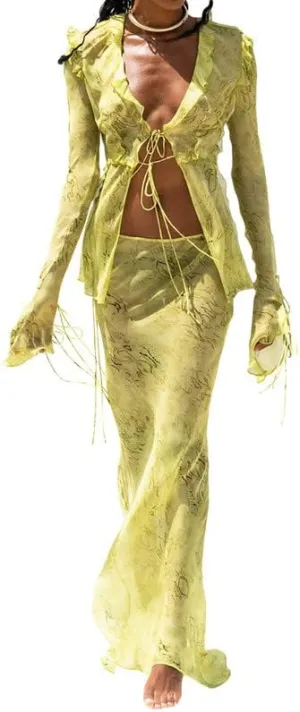 Argeousgor Women Y2k Long Skirt Sets Mesh Crop Top Sexy See Through Cutout Maxi Skirt Clubwear