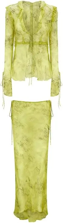 Argeousgor Women Y2k Long Skirt Sets Mesh Crop Top Sexy See Through Cutout Maxi Skirt Clubwear