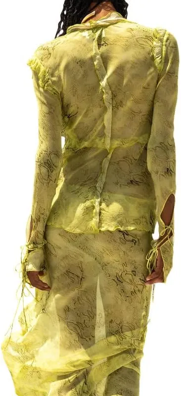Argeousgor Women Y2k Long Skirt Sets Mesh Crop Top Sexy See Through Cutout Maxi Skirt Clubwear