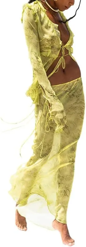 Argeousgor Women Y2k Long Skirt Sets Mesh Crop Top Sexy See Through Cutout Maxi Skirt Clubwear