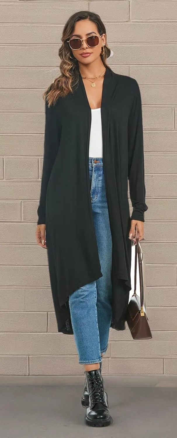 AvaCostume Womens Casual Lightweight Drae Long Sleeves Cardigan Front Open Maxi Dusters
