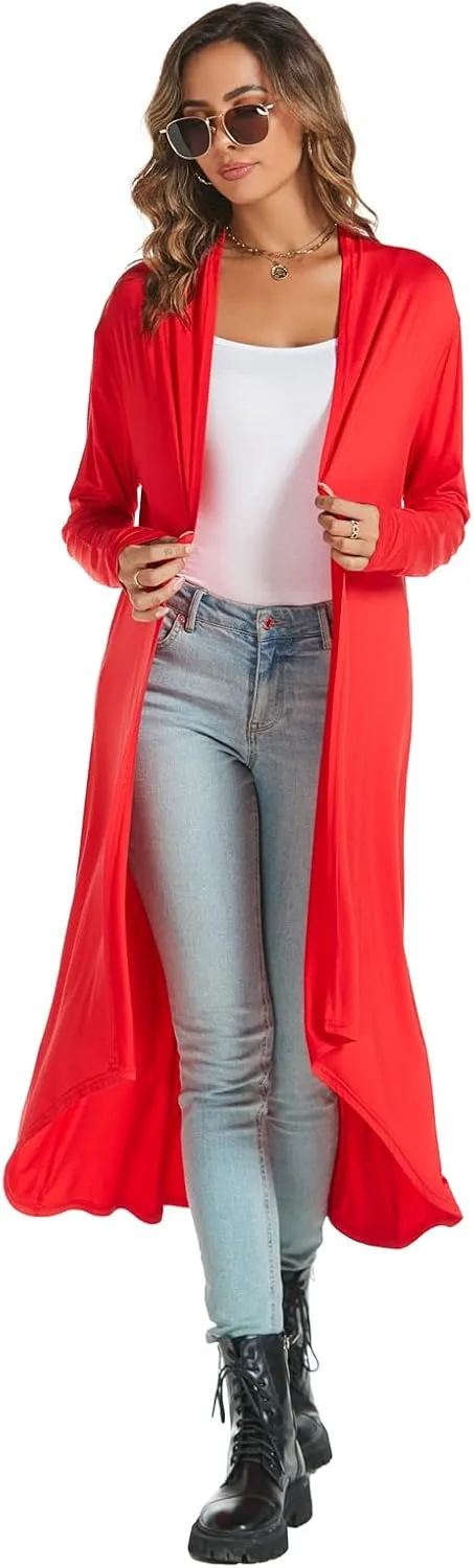 AvaCostume Womens Casual Lightweight Drae Long Sleeves Cardigan Front Open Maxi Dusters