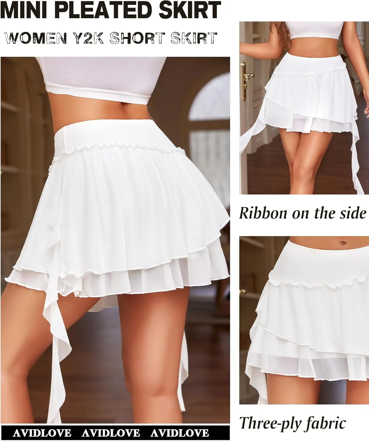 Avidlove Women's Pleated Mini Skirt Mesh Layered Ruffled Skirt Casual Ruffles Flowy Skorts S-XXL