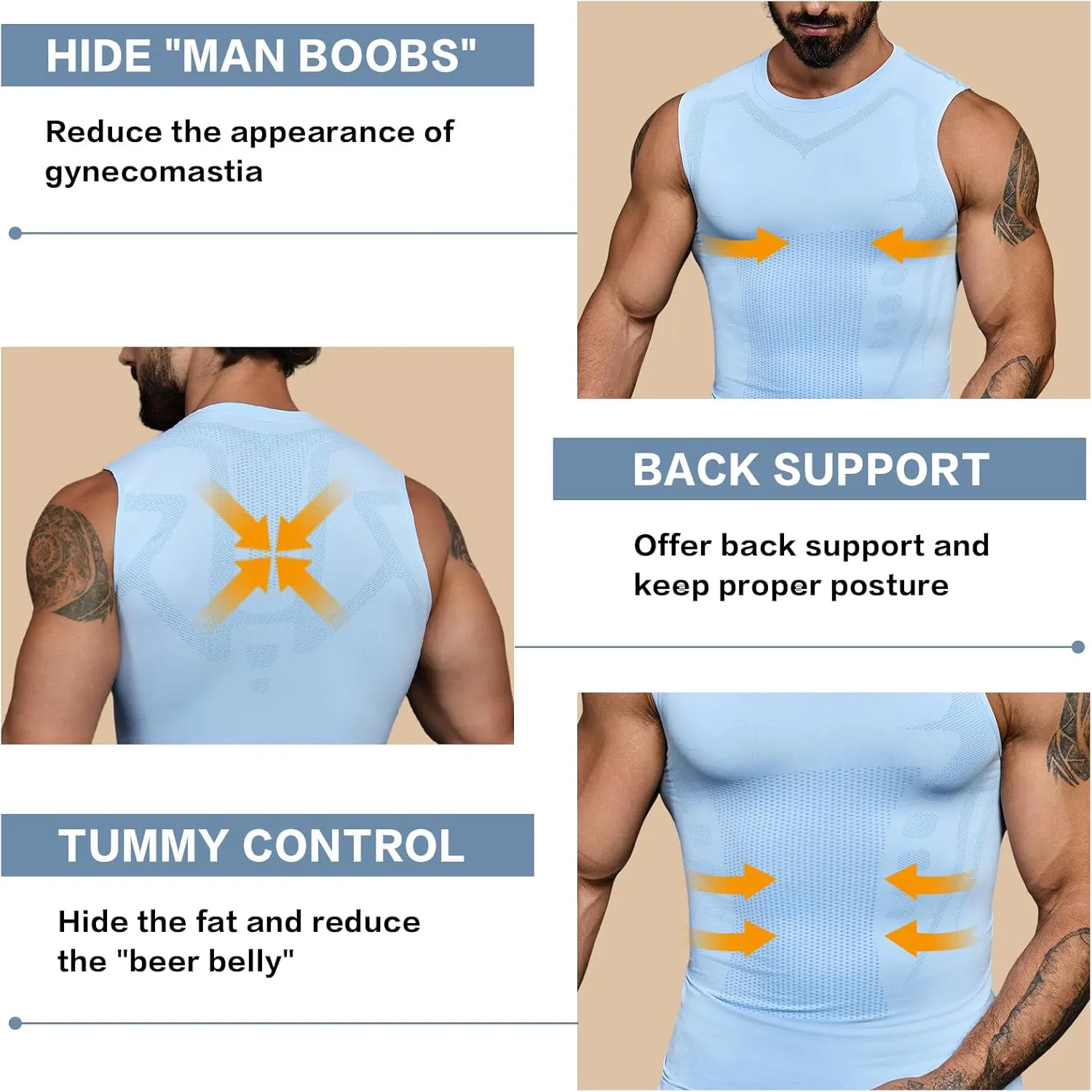 Beotyshow Ionic Shaping Sleeveless Shirt Gynecomastia Compression Shirts Slimming Body Shaper Vest Shapewear Tank Top for Men
