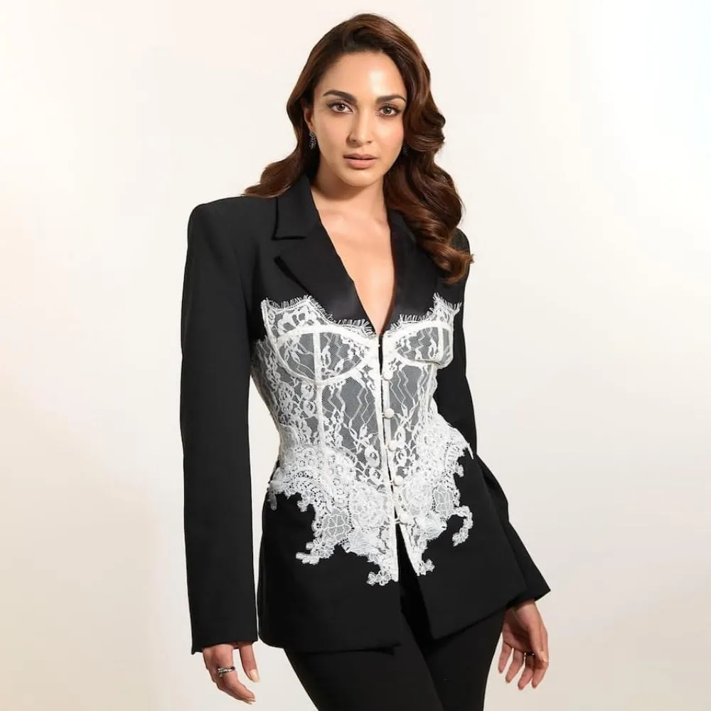 Blazer Dress for Women Sexy Slim-Fit Blazers Jackets Outfit with Lace Corset Patchwork, Bold Shoulder Design