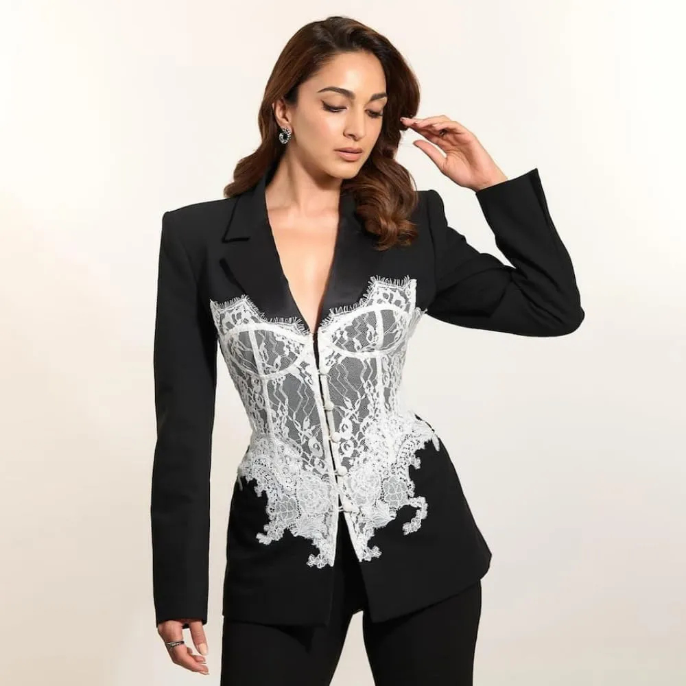 Blazer Dress for Women Sexy Slim-Fit Blazers Jackets Outfit with Lace Corset Patchwork, Bold Shoulder Design
