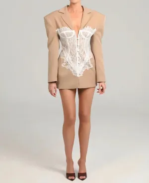 Blazer Dress for Women Sexy Slim-Fit Blazers Jackets Outfit with Lace Corset Patchwork, Bold Shoulder Design