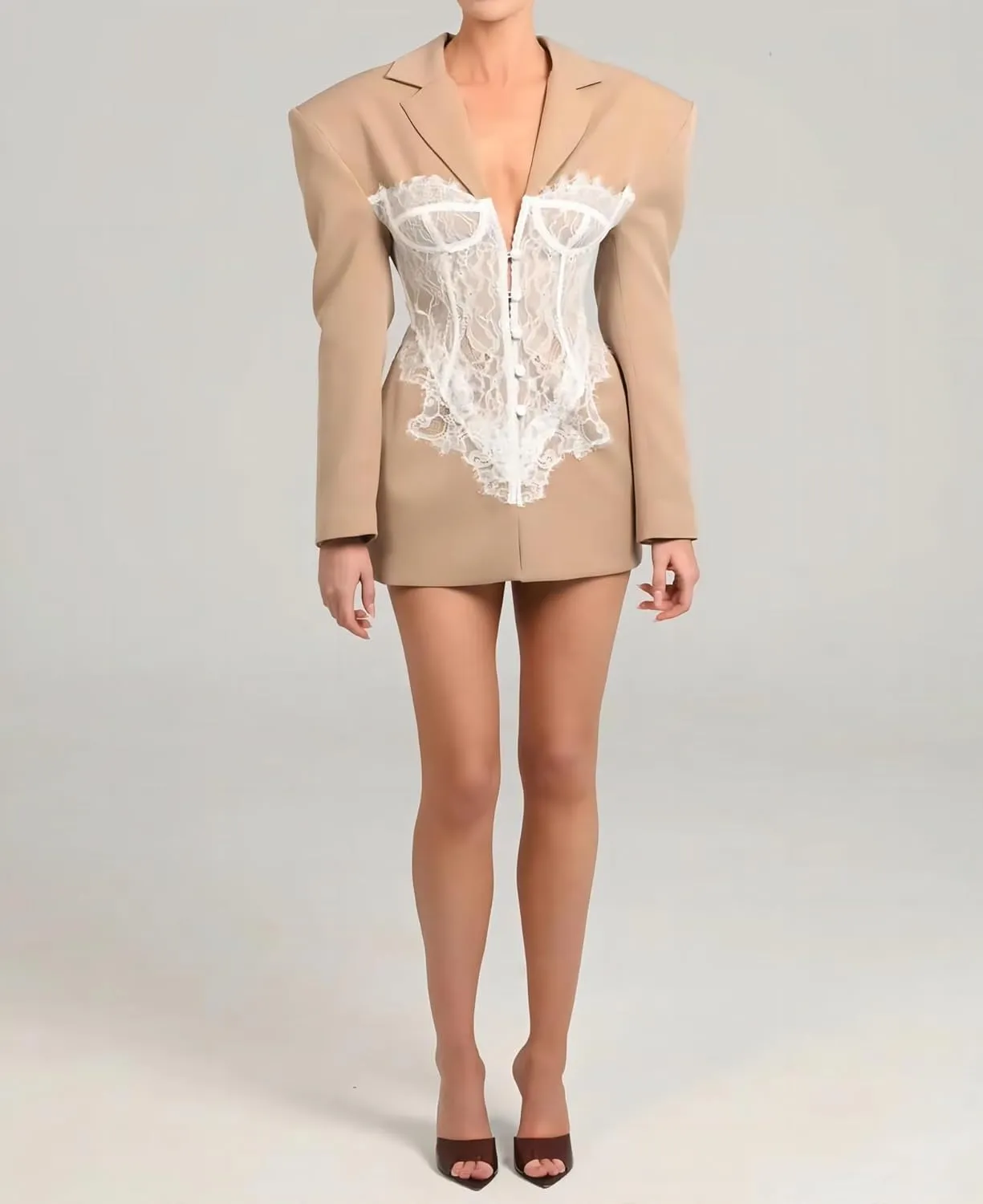 Blazer Dress for Women Sexy Slim-Fit Blazers Jackets Outfit with Lace Corset Patchwork, Bold Shoulder Design