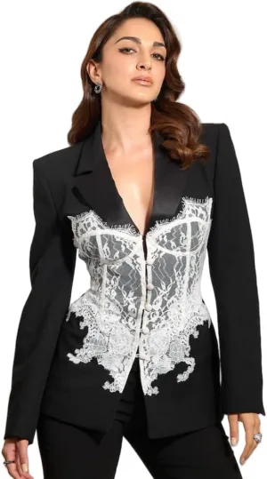 Blazer Dress for Women Sexy Slim-Fit Blazers Jackets Outfit with Lace Corset Patchwork, Bold Shoulder Design