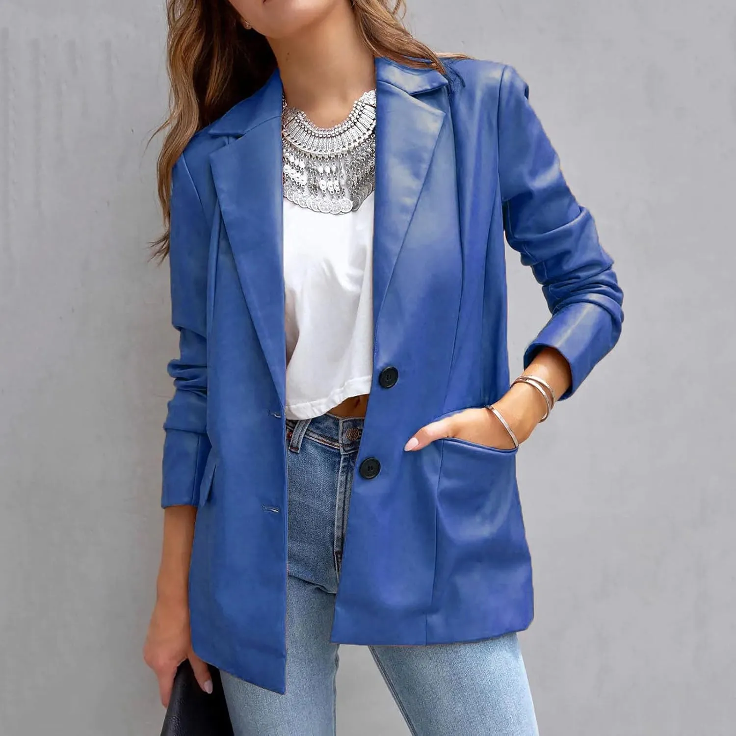 Blazers for Women 2025 Fashion Motorcycle Leather Jacket Coat Dressy Open Front Office Bussiness Blazer Jackets