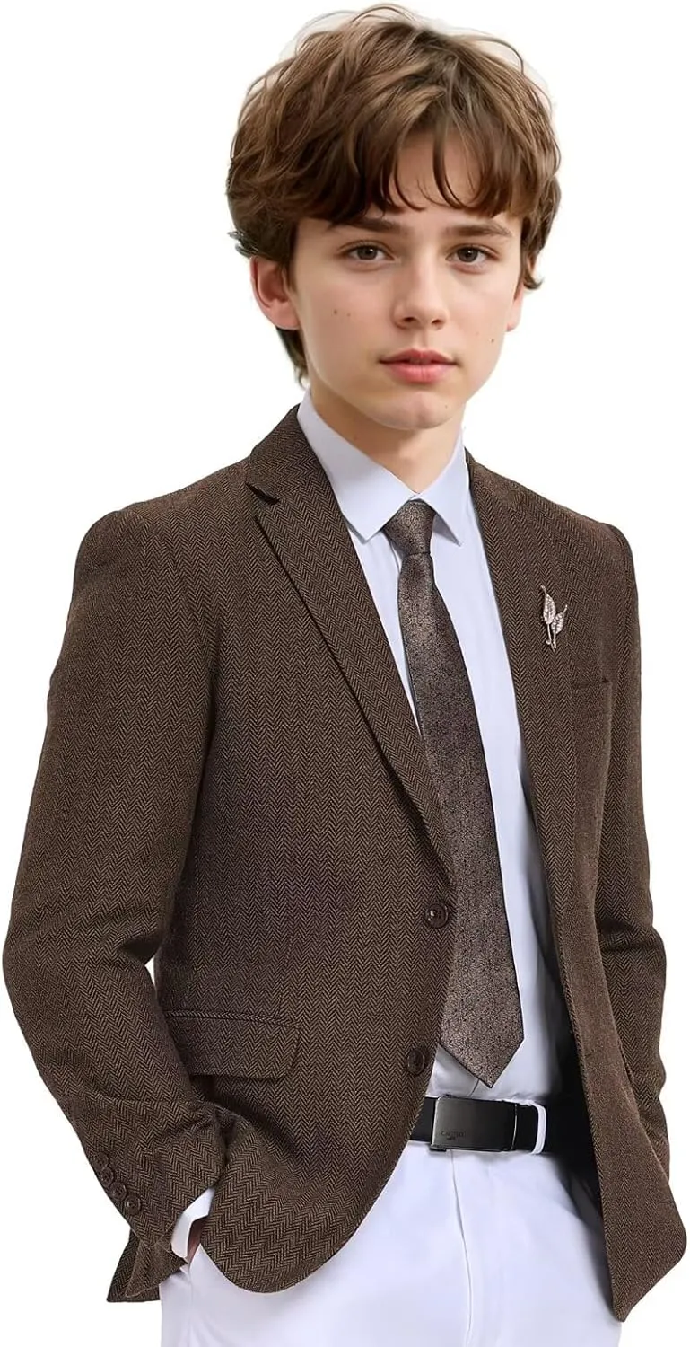 Boys Suit Blazer Tweed Herringbone Jacket Boy Sport Coats Slim Fit Retro Tuxedo Stylish Wedding Party Prom Homecoming