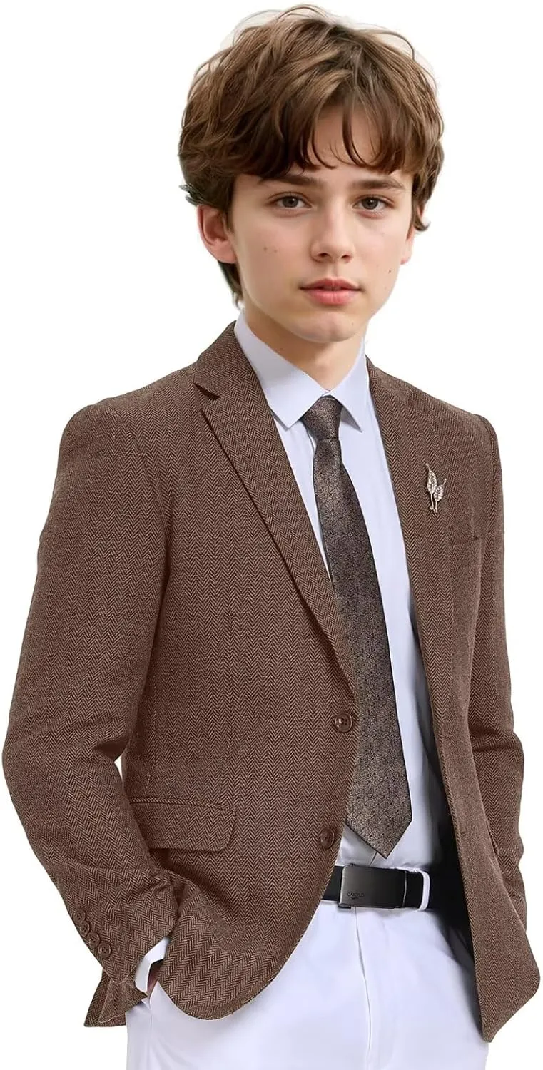 Boys Suit Blazer Tweed Herringbone Jacket Boy Sport Coats Slim Fit Retro Tuxedo Stylish Wedding Party Prom Homecoming