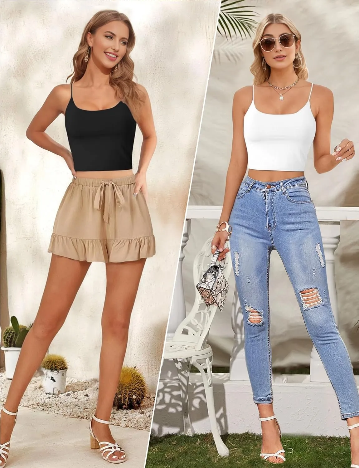 Buauty 2 & 4 Packs Crop Tank Top for Women, Basic Solid Cropped Double Layer Spaghetti Strap Short Sleeveless Camisole