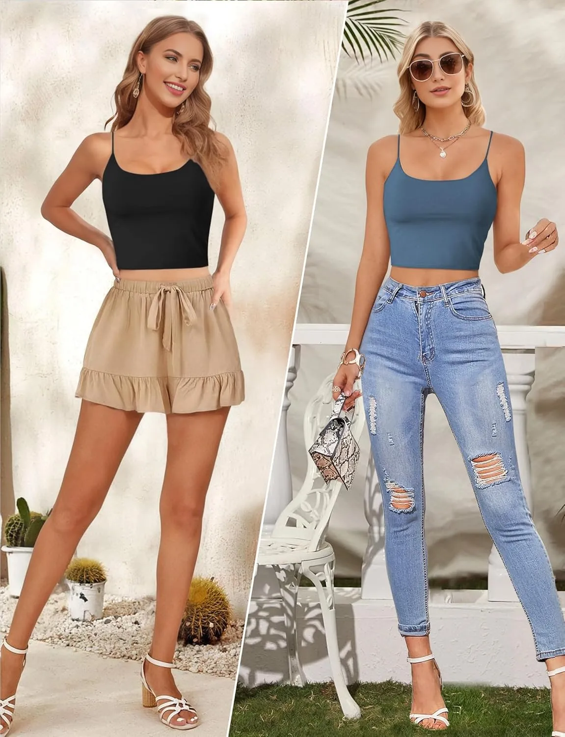 Buauty 2 & 4 Packs Crop Tank Top for Women, Basic Solid Cropped Double Layer Spaghetti Strap Short Sleeveless Camisole
