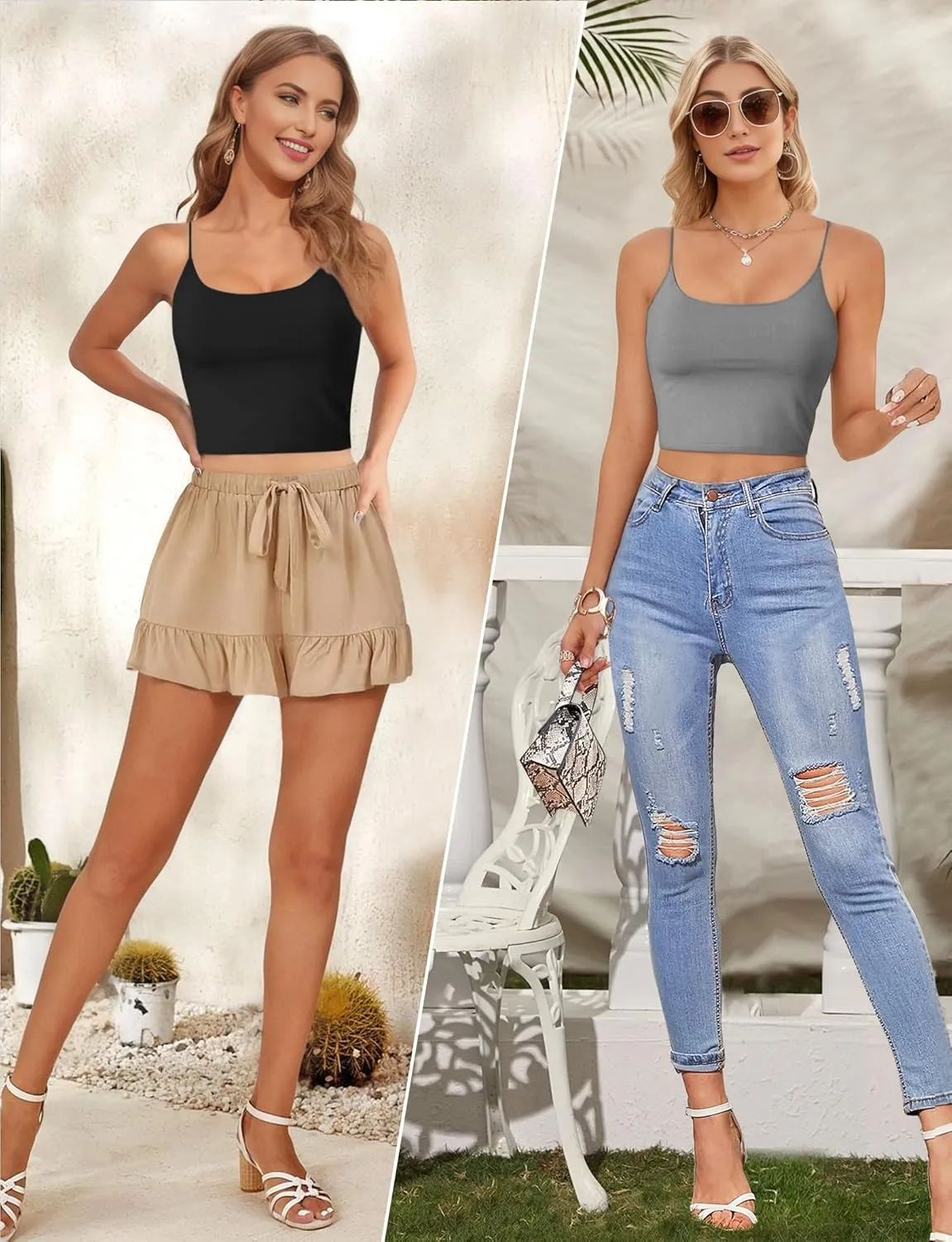 Buauty 2 & 4 Packs Crop Tank Top for Women, Basic Solid Cropped Double Layer Spaghetti Strap Short Sleeveless Camisole
