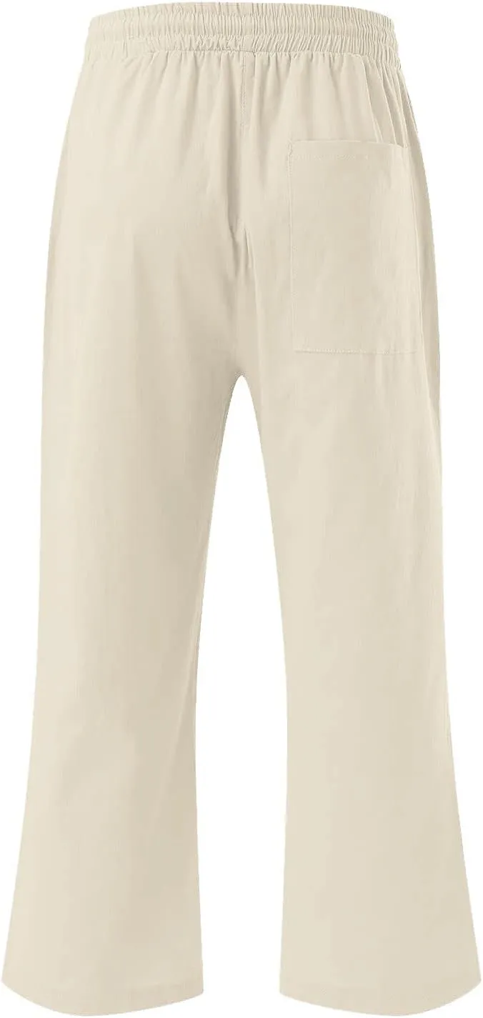 Capri Pants for Women Linen Casual Summer 2025 Straight Leg Pant Loose Drawstring Elastic Waist Cropped Trousers