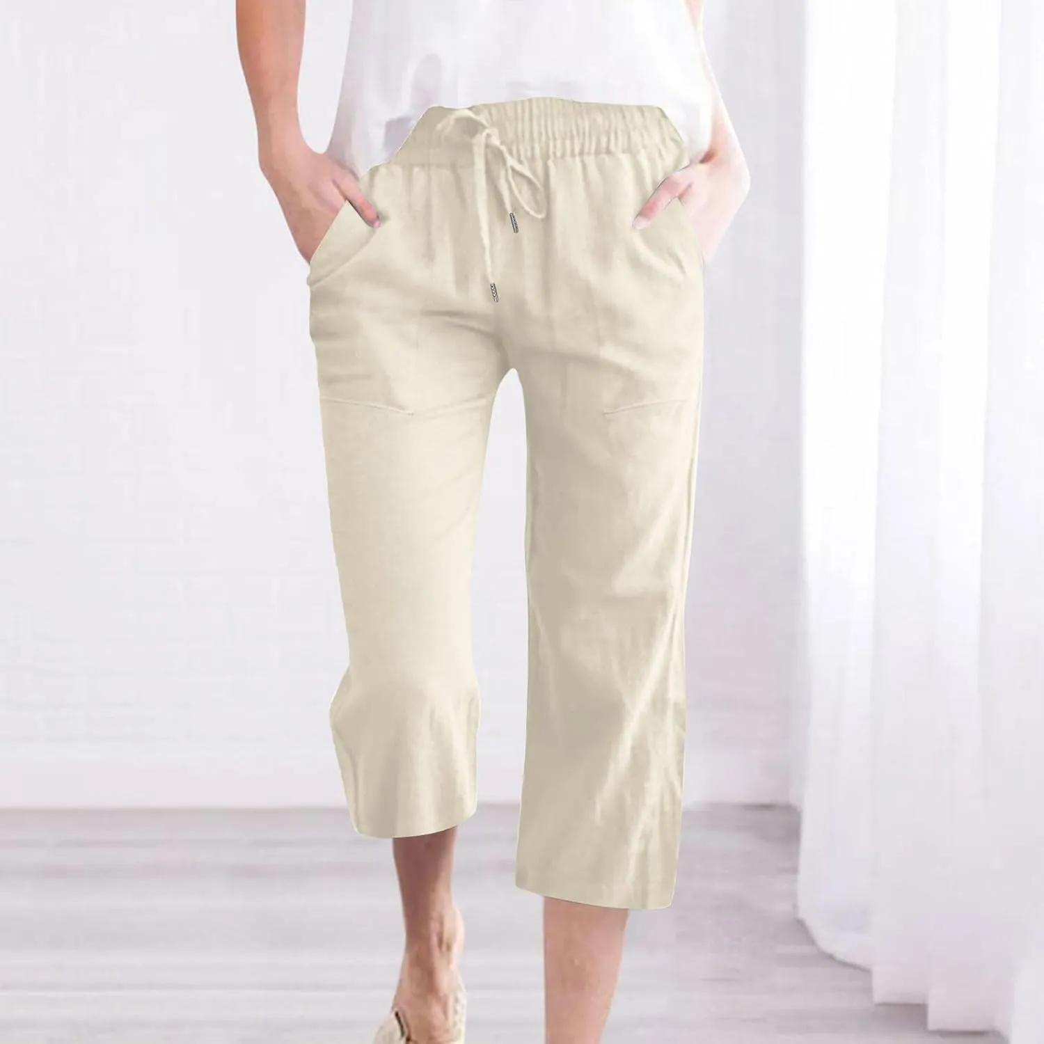Capri Pants for Women Linen Casual Summer 2025 Straight Leg Pant Loose Drawstring Elastic Waist Cropped Trousers