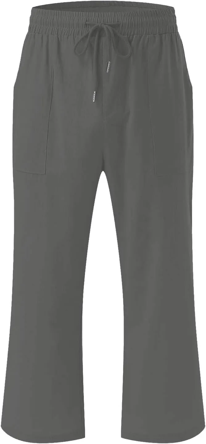 Capri Pants for Women Linen Casual Summer 2025 Straight Leg Pant Loose Drawstring Elastic Waist Cropped Trousers