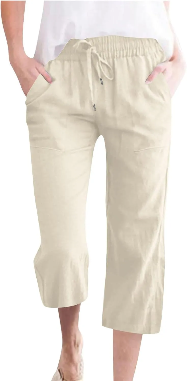 Capri Pants for Women Linen Casual Summer 2025 Straight Leg Pant Loose Drawstring Elastic Waist Cropped Trousers