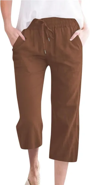 Capri Pants for Women Linen Casual Summer 2025 Straight Leg Pant Loose Drawstring Elastic Waist Cropped Trousers