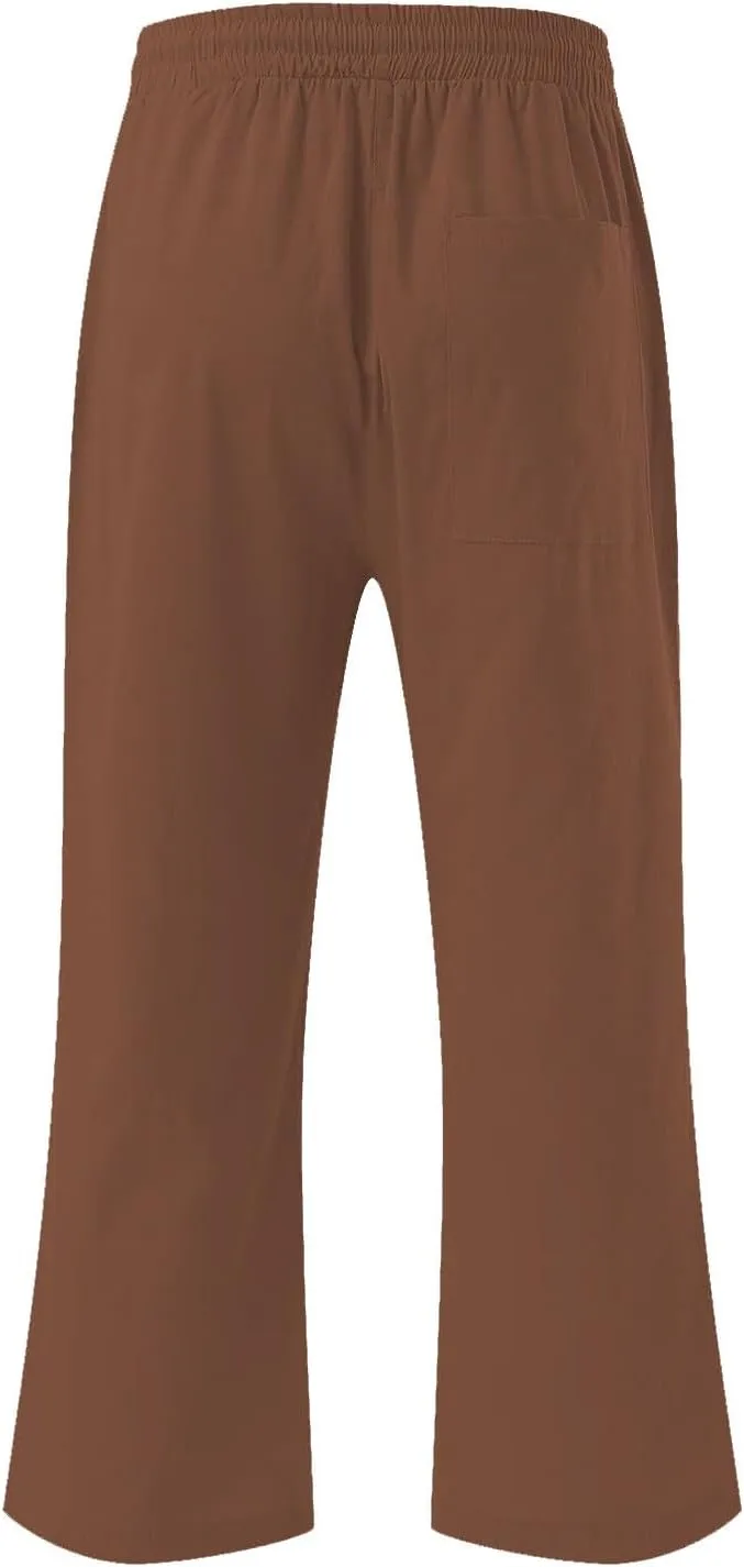 Capri Pants for Women Linen Casual Summer 2025 Straight Leg Pant Loose Drawstring Elastic Waist Cropped Trousers