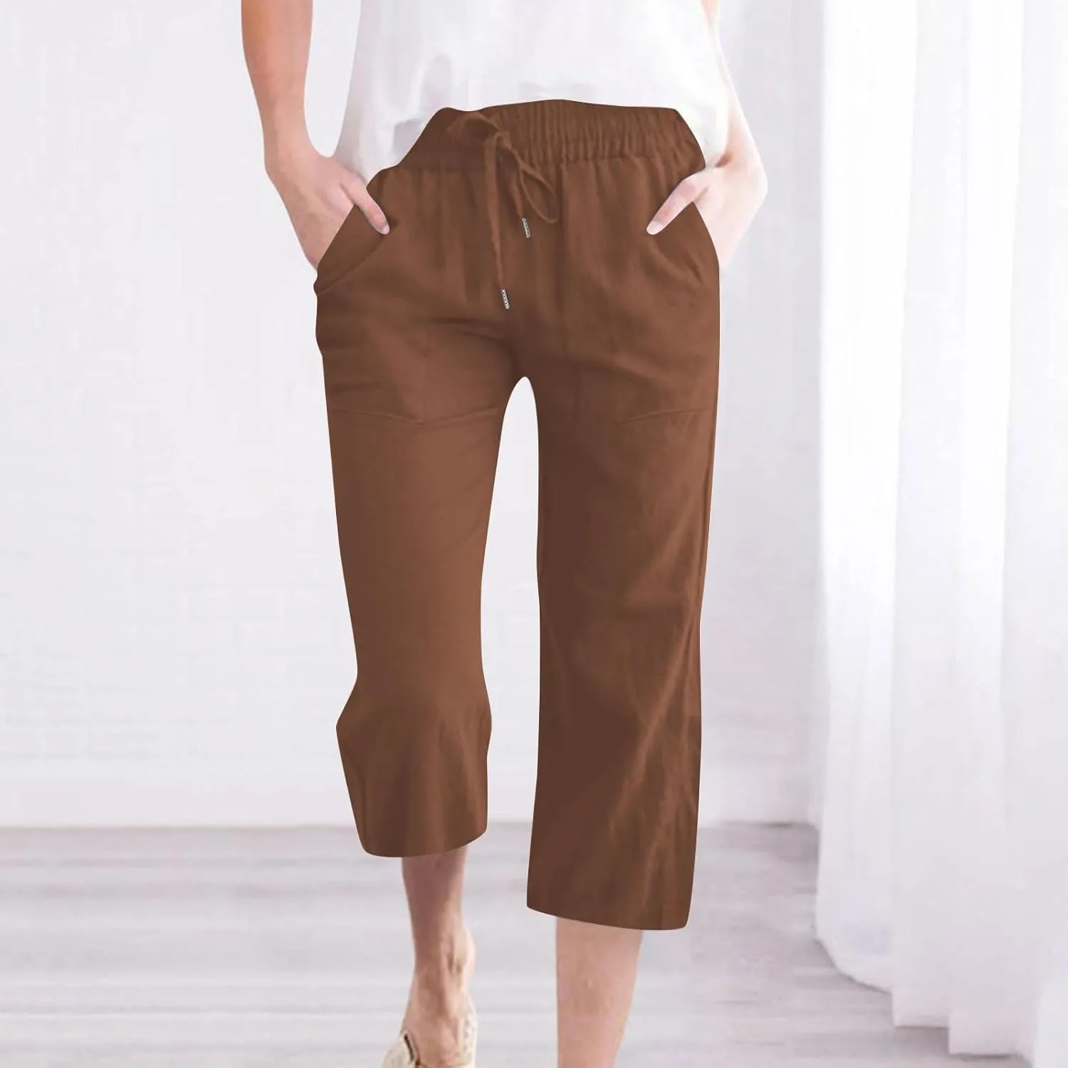 Capri Pants for Women Linen Casual Summer 2025 Straight Leg Pant Loose Drawstring Elastic Waist Cropped Trousers